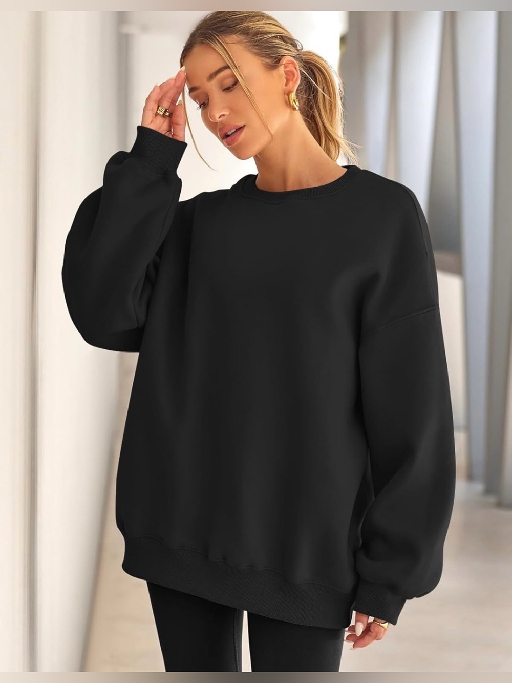 EFAN Black Oversized Crewneck Sweatshirt Medium | Faded Cozy Slouchy Pullover